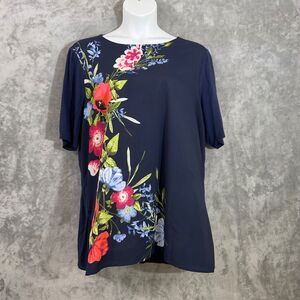 Chicos Women Size XXL Short Sleeve Blouse Floral In Dark Navy Blue